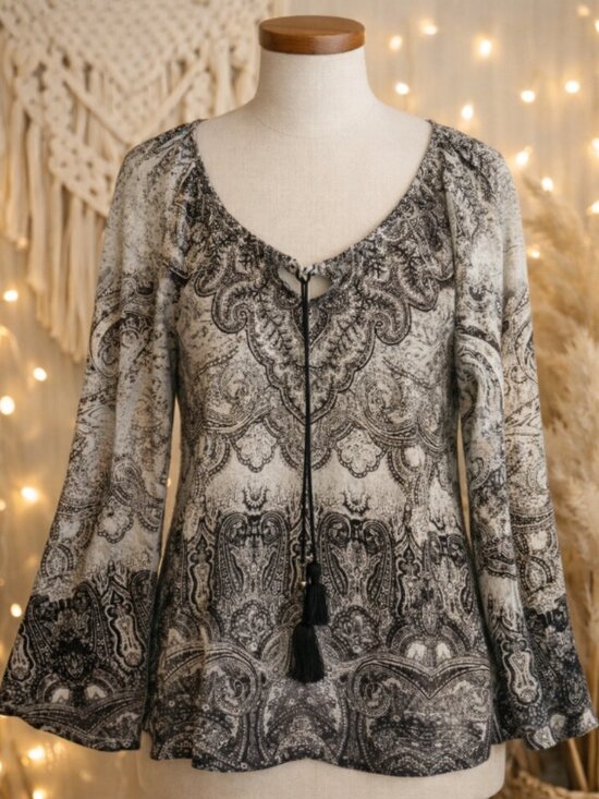 World unity Tops - World Unity Black White Paisley Tassel-Tie Top Shirt S Festival Boho Cottagecore